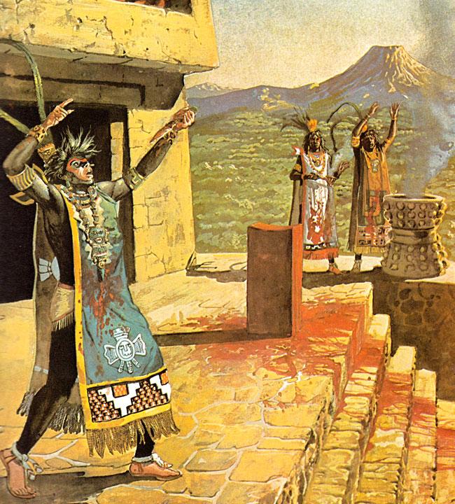 sacerdote azteco si prepara a fare un sacrificio